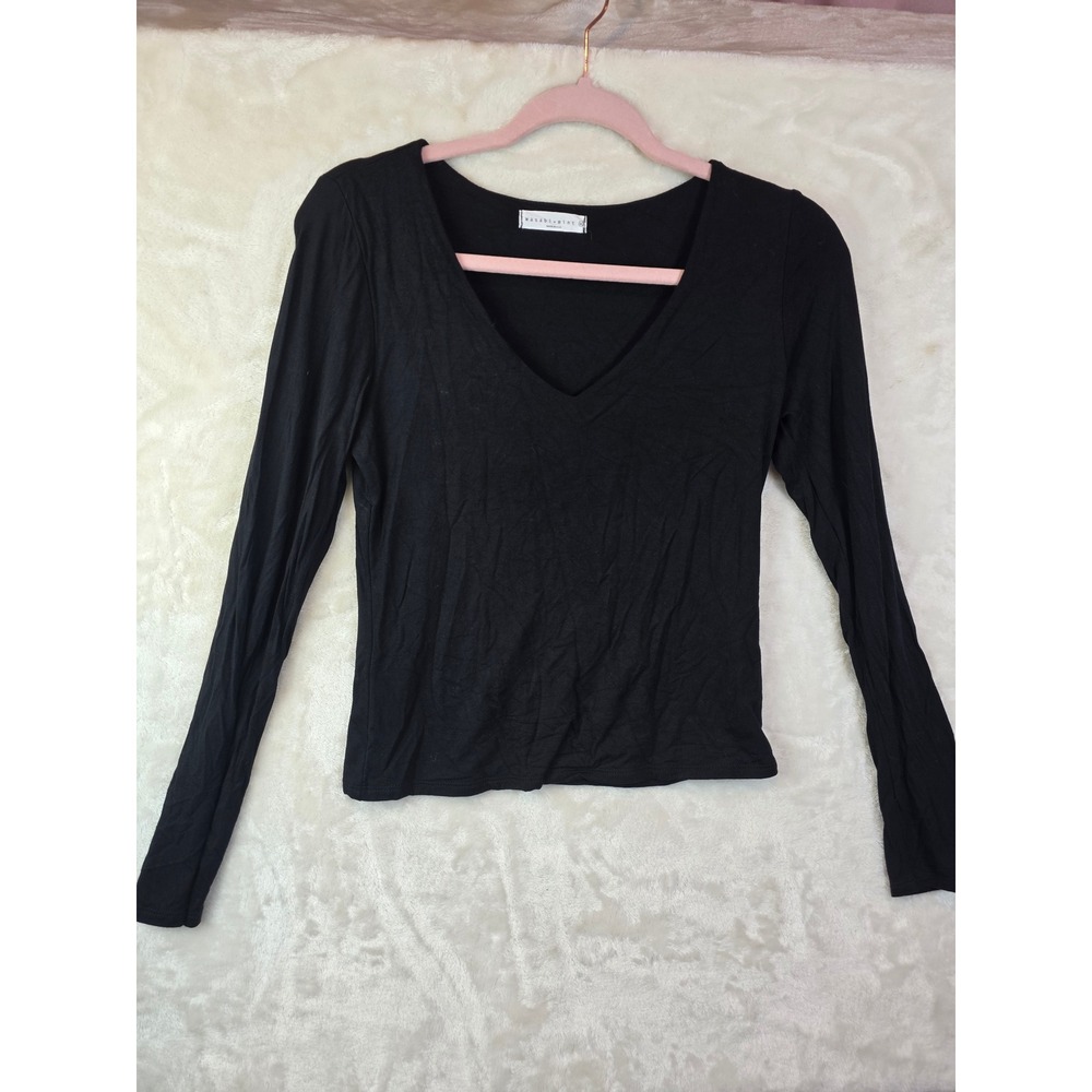 Wasabi + Mint Womens Black V-Neck Long Sleeve Top Size Medium Made in USA